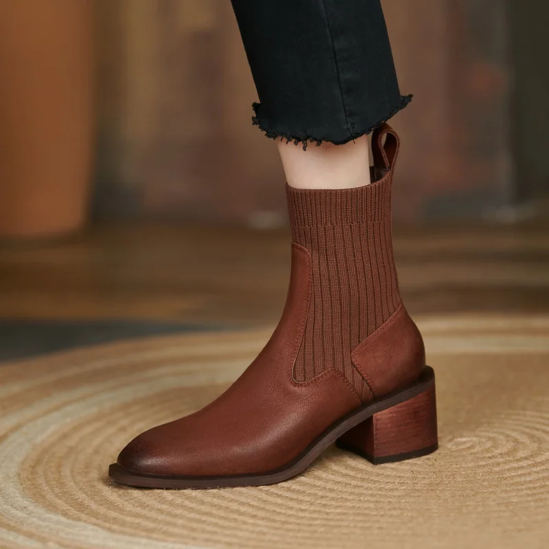 

Женские ботильоны из натуральной кожи, сапоги из воловьей и летящей кожи, на толстом каблуке, короткие, 22-26 см