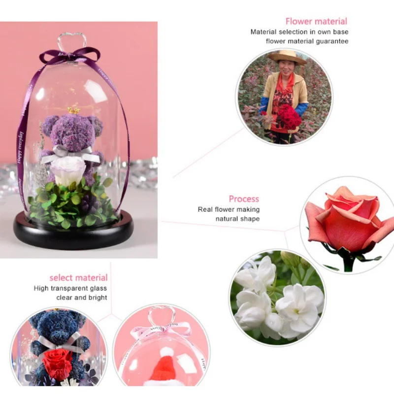 

Eternal Preserved Fresh Flower Rose Bear Molding LED Light In A Flask Immortal Rose Valentine's Day Party Wedding Home Decor D1