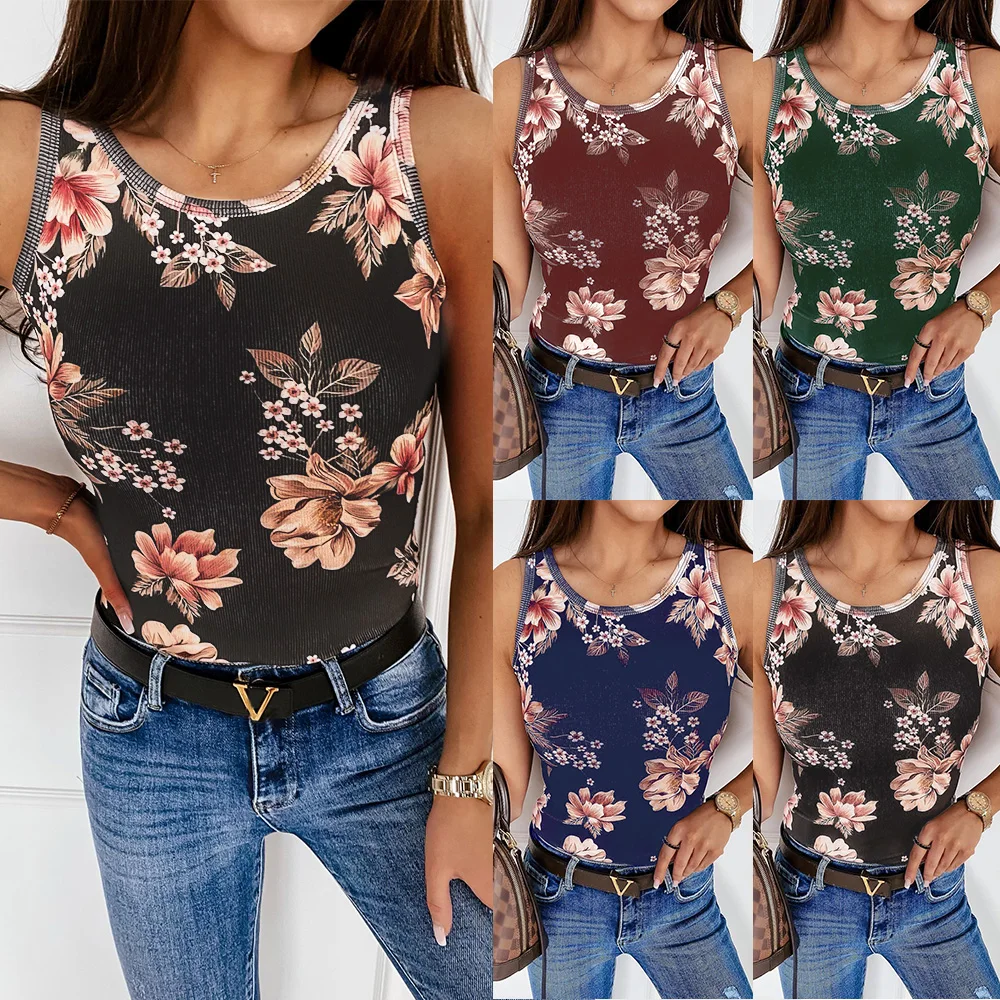 

Women's Vintage Floral Printed Tank Tops Hem Slim Fit Top Ladies Printed Shirts Summer Y2k 2021 O Neck Streetwear Tank Top D30