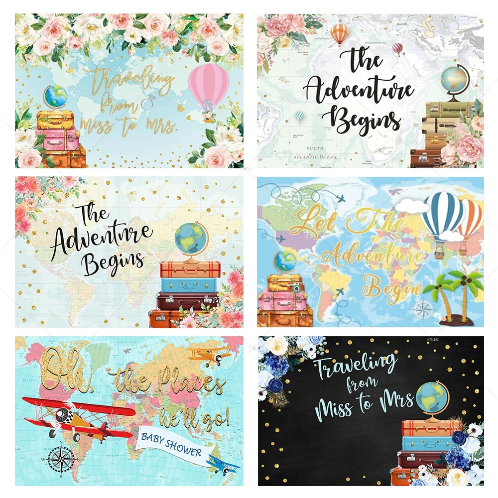 

The Adventure Begins Baby Shower Backdrop Global Travel Hot Air Balloon World Map Suitcase Photography Background Photo Studio