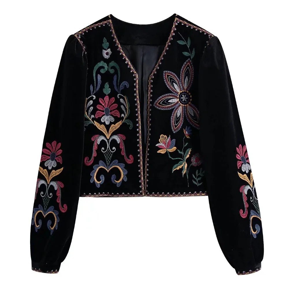 

Women Fashion Contrast Embroidery Velvet Crop Open Blazer Coat Vintage Long Sleeve Female Outerwear Chic Veste Femme
