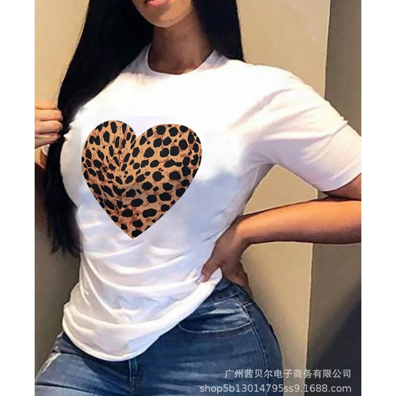 

WEPBEL T-shirt Women's Casual Heart Leopard Print Printed Loose T-shirt Summer Fashion Short Sleeve O-Neck T-shirt Top