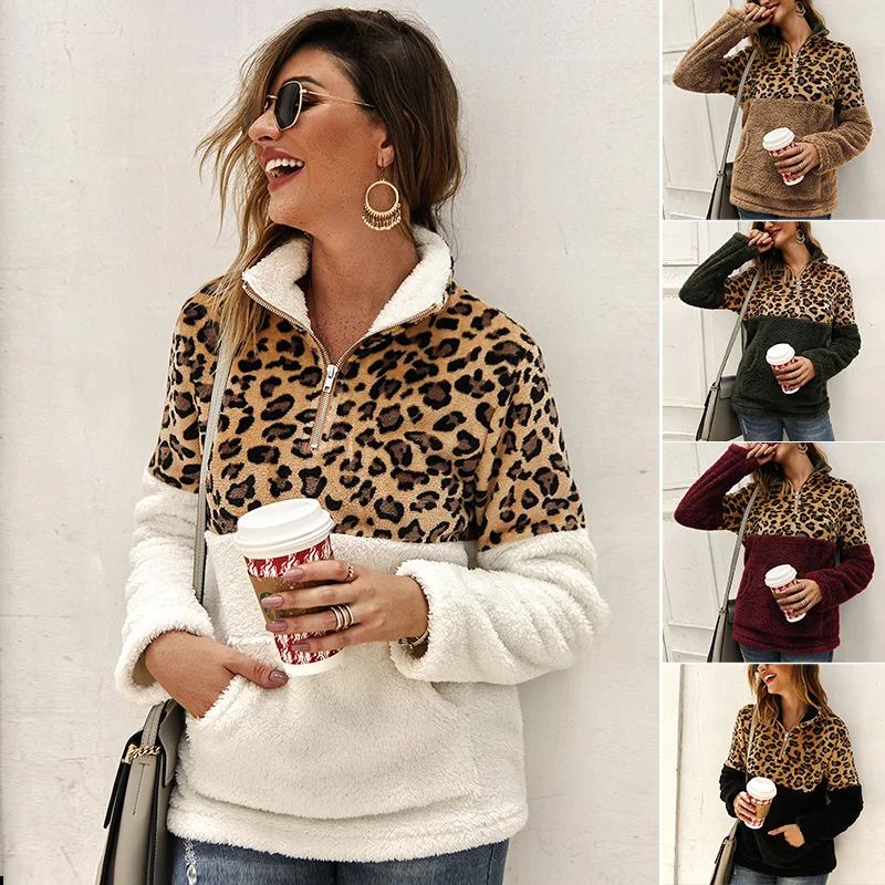 

Sweatshirt Women Casual Zipper Patchwork Fleece Leopard Oversize Jacket Warm Coat Slim Outwear