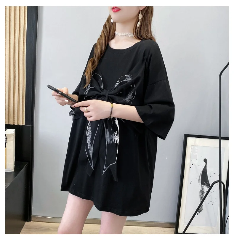 

2021 Summer Bow Design Loose Plus Size Ladies T-shirt Women Western Style Short Sleeve Tops New Fashion Ins O-neck Pullover Tees