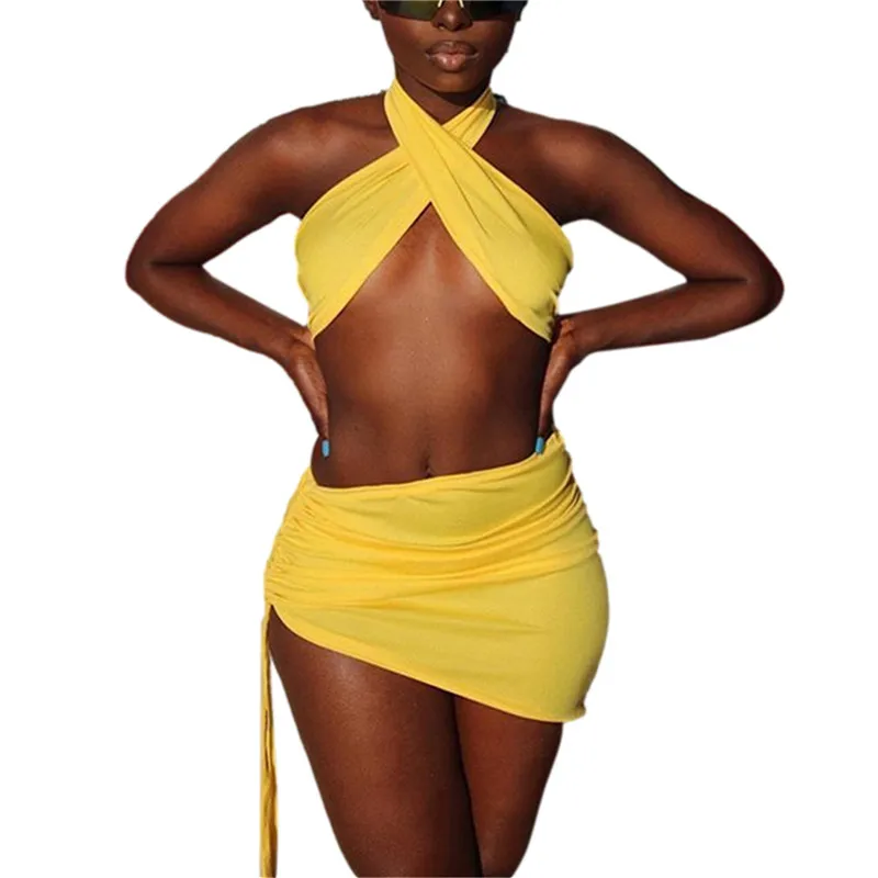 

2021 Women Summer Outfit Skirt Suit Solid Color Halter Neck Crop Tops + Short Skirt with Drawstring for Girls Streetwear