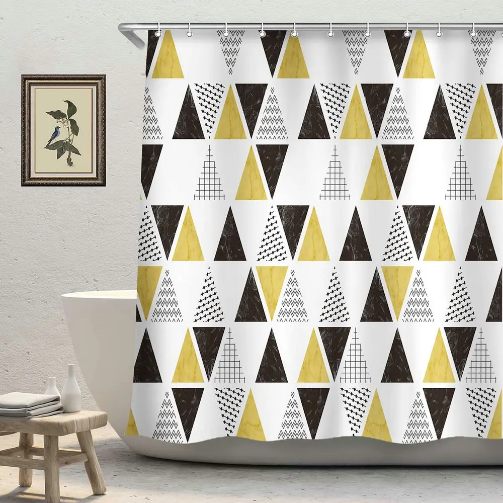 

Geometric Shower Curtain Marble Triangle Texture Simple Black Yellow White Bathroom Decor With Hooks Polyester Fabric Screen