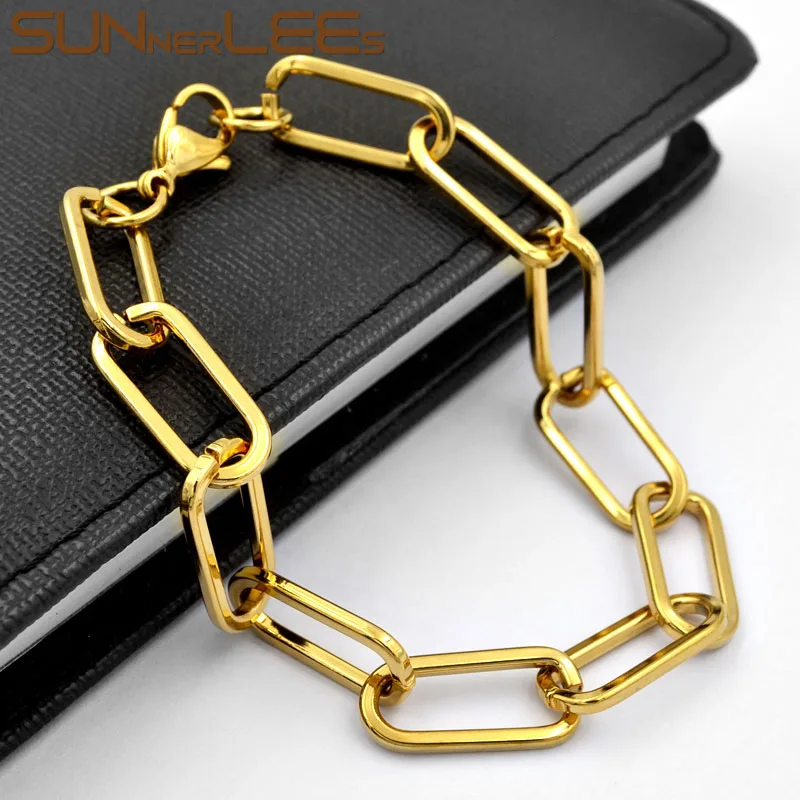 

SUNNERLEES Stainless Steel Bracelet 10mm Geometric Link Chain Smooth Silver Color Gold Plated Men Women Jewelry Gift SC209 B