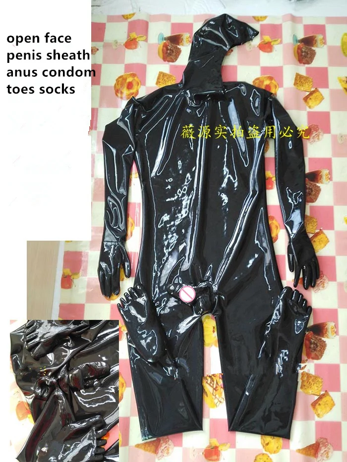 Сексуальный черный мужской латексный капот Catsuit плотные боди с оболочкой для
