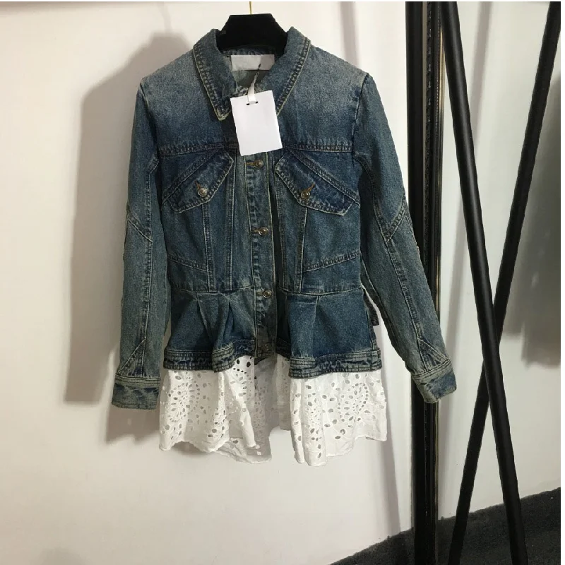 

2021Luxury Design Women's new denim jacket fashion lace lotus leaf hem splicing slim denim jacket fashion versatile denim jacket