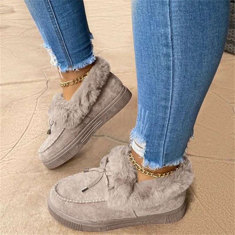 

Winter Warm Women Flats Plus Size Plush Bow Sewing Slip On Flats Shoes Casual Female Solid Color Thermal Shoes