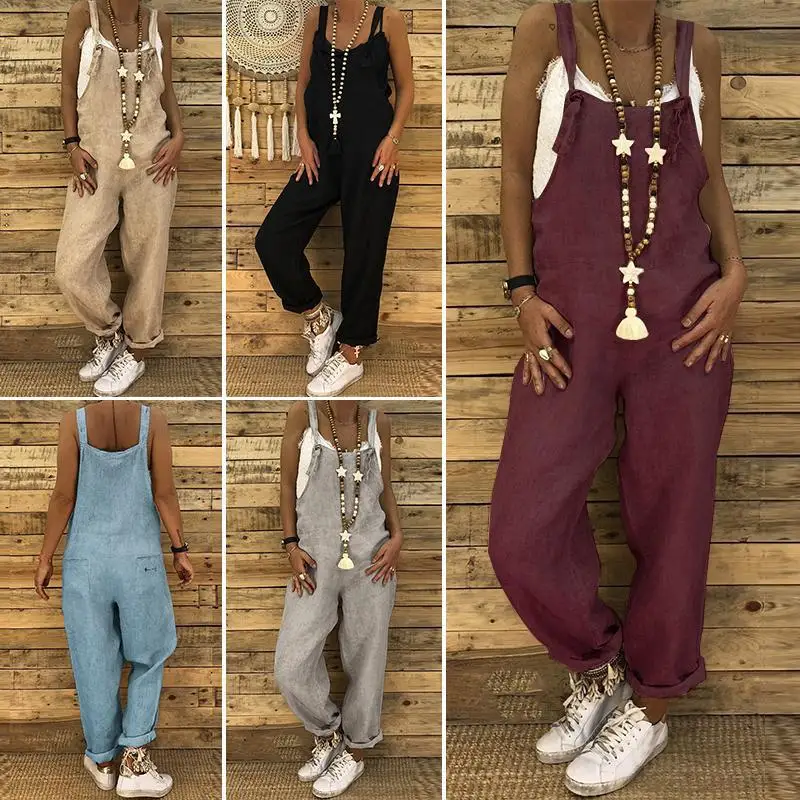 Женский Повседневный Комбинезон однотонный Свободный комбинезон без рукавов с