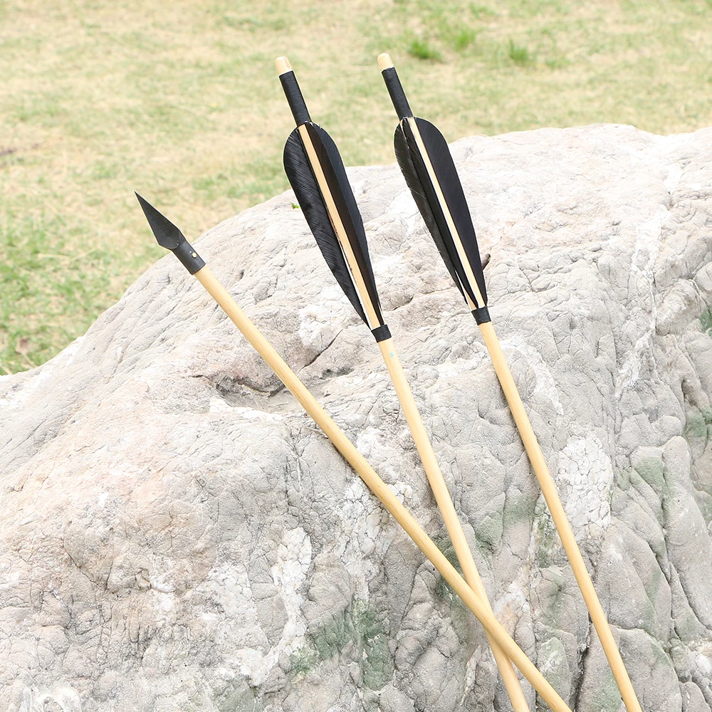 

6 Pcs Archery Wood Arrows 31 Inch Black Feather Wooden Shaft Traditional Handmake Arrows for Recurve Bow Longbow Hunting