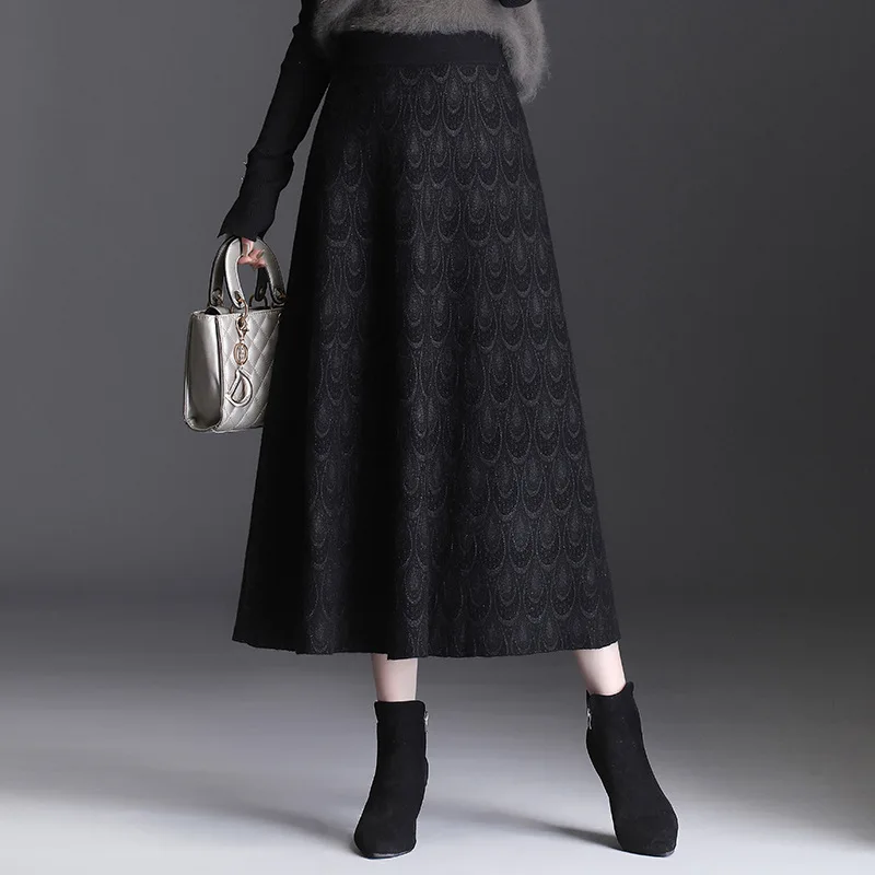 

Женская трикотажная юбка-трапеция, универсальная черная эластичная юбка с высокой талией, Осень-зима