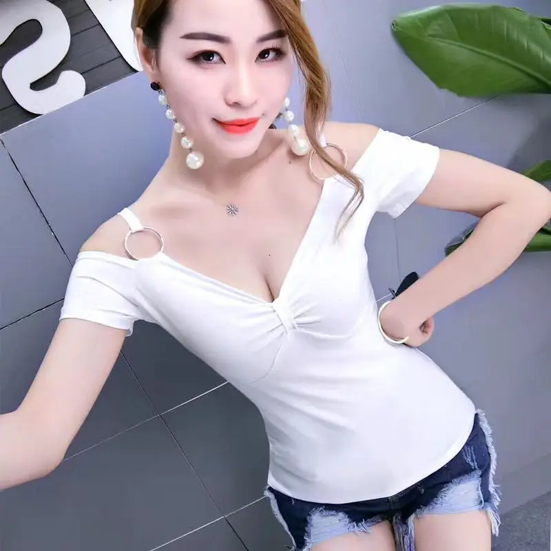 

Summer Korean Clothes T-shirt Fashion Off Shoulder Short Sleeve Drape Women Tops Ropa Mujer Cotton Shirt Sexy Back Tees 2021 New