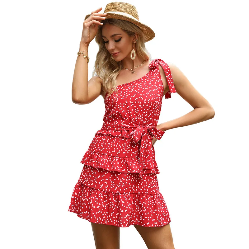 

Summer 2021 Red Polka Dot Slip Dress Vintage Ruffles Empire Ladies Frocks Casual Folds Mini Bandage Dresses for Women Vestidos