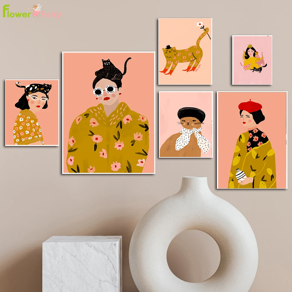 

Vintage Flower Lazy Girl with Cat Wall Art Canvas Painting Nordic Poster Wall Pictures For Living Room Home Decor Unframed