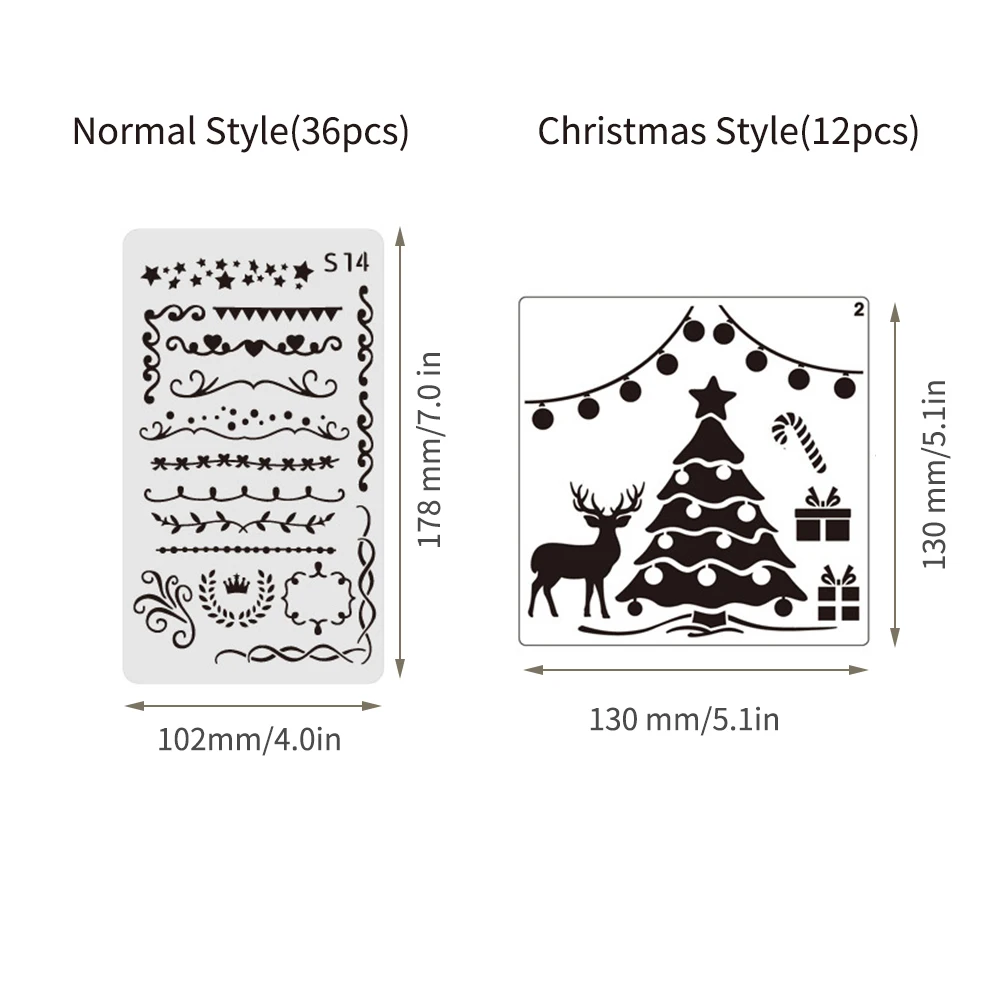 

48pcs Drawing Stencils Letter Number Pattern Chirstmas Painting Template Reusable for DIY Journal Notebook Diary Scrapbooking