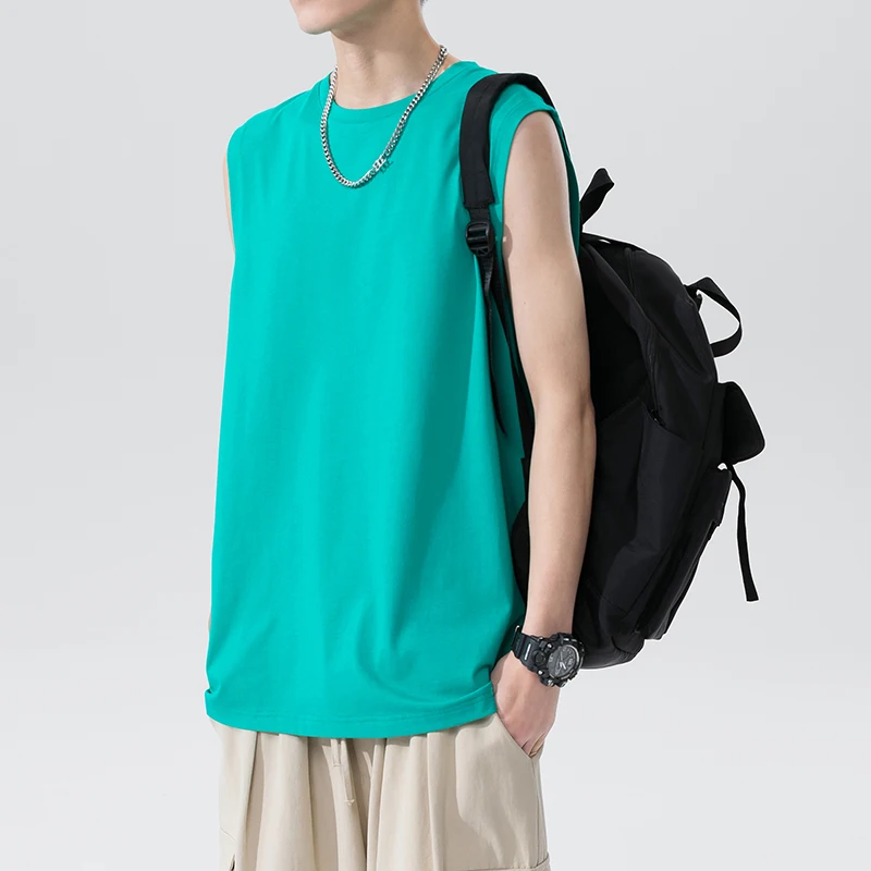 

Man Summer %100 Cotton Tank Top O-neck Solid Color Tops 5xl