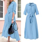 Сарафан ZANZEA Женский Повседневный с поясом, модное однотонное платье-рубашка с длинным рукавом, макси платье на пуговицах, в стиле оверсайз, 2021
