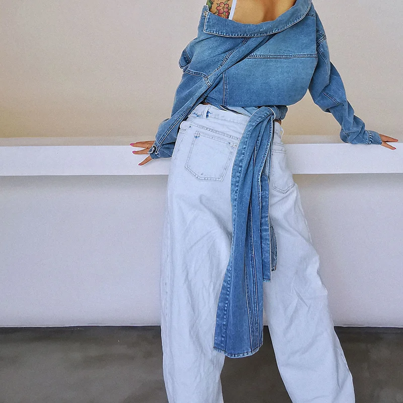 

CHICEVER Casual Asymmetric Denim Jacket For Female Lapel Long Sleeve Back Bandage Women's Sexy Short Coats 2021 Fashion Clothing