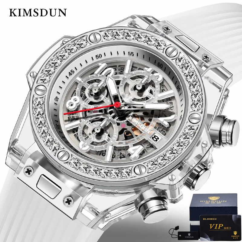 

KIMSDUN Brand Men's Fashion Luxury Business Quartz Chronograph Transparent Diamond Watch Hot Sale Male Clock Waterproof Relogio