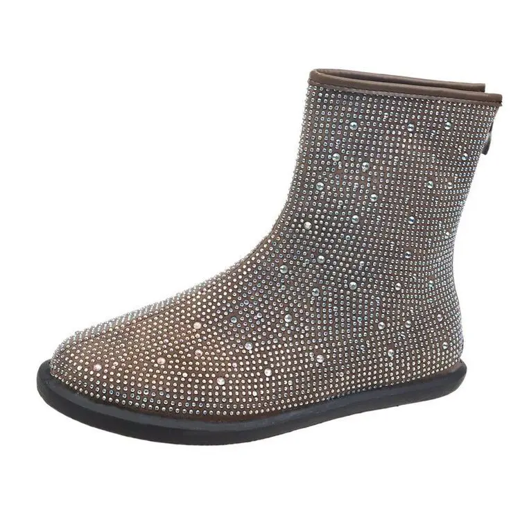 

boot girl autumn 2020 new Korean fashion full diamond flat bottom short boots round head fairy wind back zipper women's