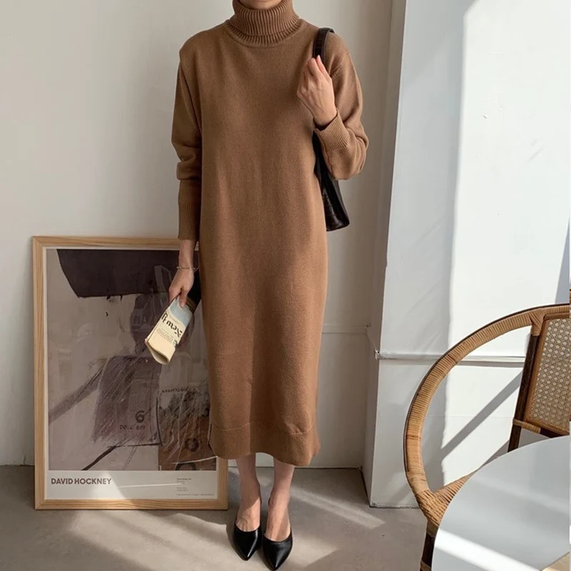 

Johnature Korean Turtleneck Knitting Women Dress 2021 Autumn Winter New Loose Solid Color Full Sleeve All Match Render Dresses