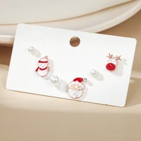 2021 new korean simple 6 pcsset snowman santa claus elk pearl stud earring for women girl fashion female jewelry christmas gift