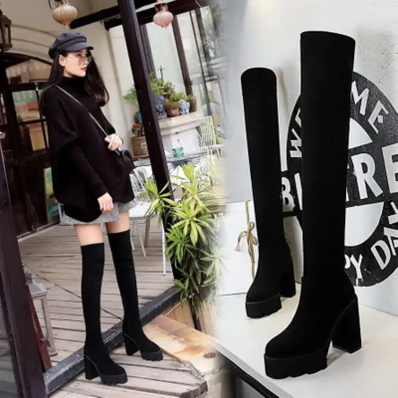 

2021 Womens Black High Heel Thigh High Boots Female Fashion Keep Warm Square Heel Knee High Lady Boots Casual High Heel Boots