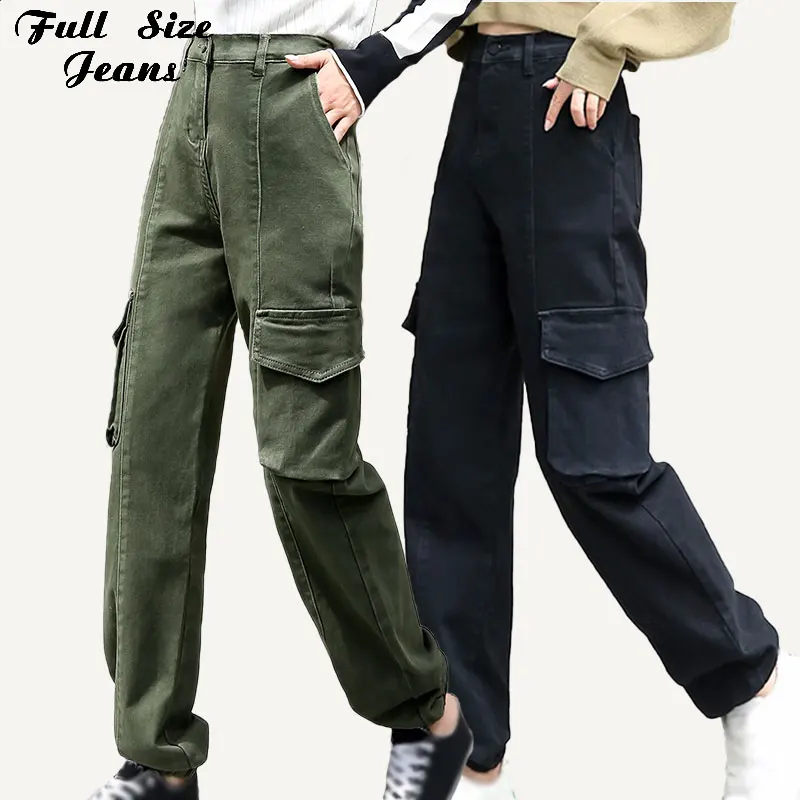 Women Plus Size Streetwear Extra Long Boyfriend Army Green Casual Denim Cargo Pants 7XL Elastic Waist Joggers Big Pocket Trouser | Женская