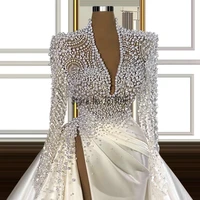 long sleeve pearls mermaid wedding dresses with removable train satin bridal gowns custom made