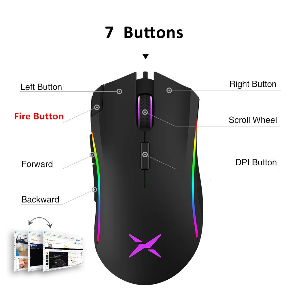 Delux Optical Gaming Mouse 4000DPI USB Wired Mause RGB Backlit Office PC Gamer Mice with 7 Programmable Buttons For Laptop | Компьютеры и