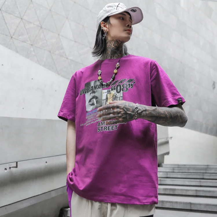 

Purple Print Men Sweatshirts 2021 Summer Casual Vintage T-shirts Homme Loose Japanese Streetwear 100% Cotton Sudadera Hombre