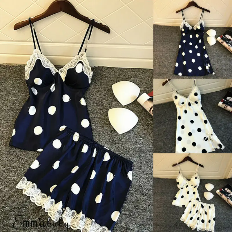 Для женщин новое модное атласное шелковое ночное белье пижама в горошек с