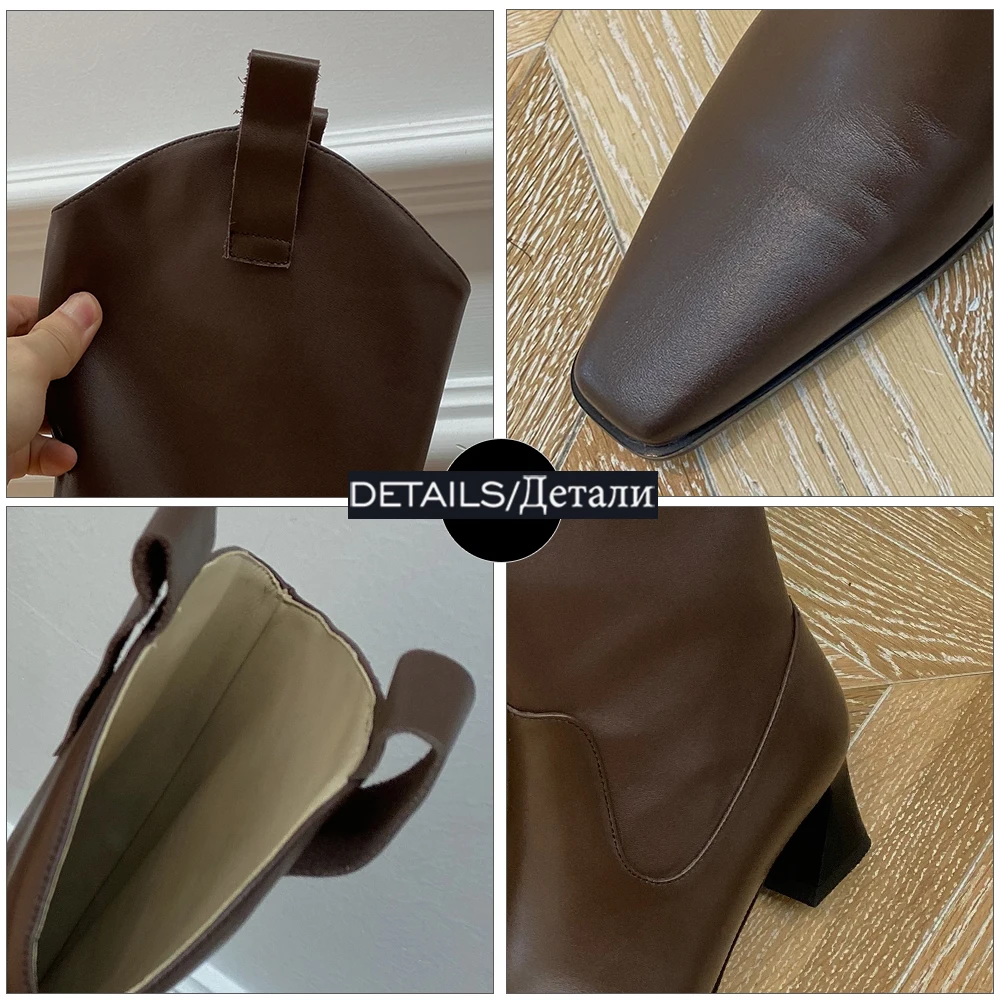 

ISNOM Ladies Genuine Leather Knee Boots Fashion Strange Heel Square Toe Women Fashion Western Boots Autumn Winter Boots 2020