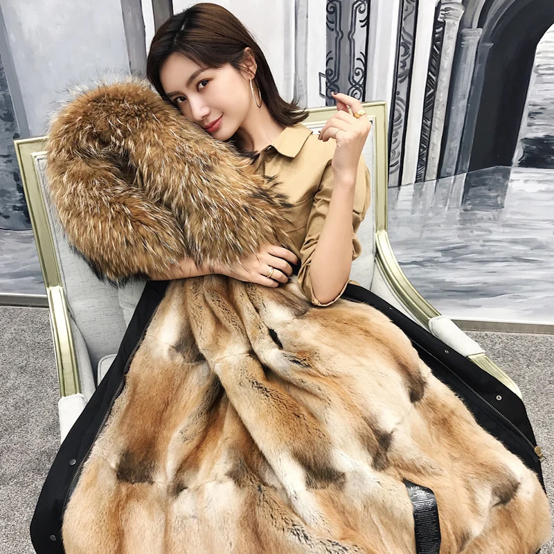 Fashion New Parka Coat Female Fur Lining Coat Raccoon Fur Collar Thick Section Warm Long Section High-end Fur Parka Coat Street