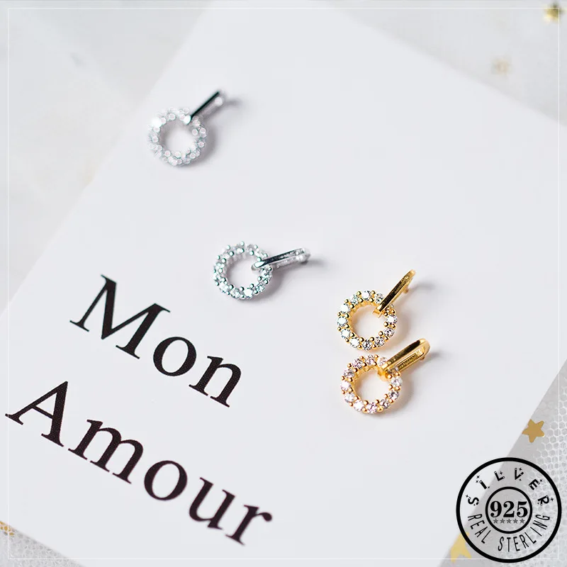 

925 Sterling Silver Cubic Zirconia Geometric Round Ear Studs Gold Color Plated Bridal Wedding CZ Earrings Jewellery for Women