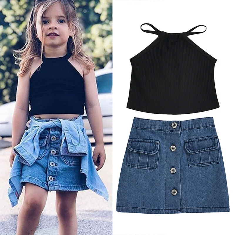 

Hot Infant Baby Girl Clothes Sets 1-6Y Off Shoulder Tops Denim Skinny Skirts Summer Clothes Sets
