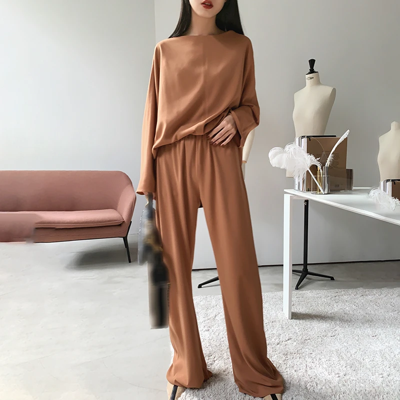 TWOTWINSTYLE однотонный Повседневный Женский комплект из двух предметов с круглым вырезом, длинным рукавом, высокой талией, широкими штанинами, женские костюмы, модная Осенняя Новинка - Цвет: camel