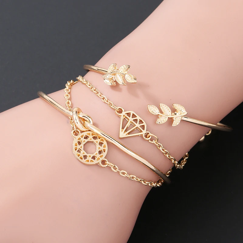 

All-match Fashion Retro Leaf Knotted Hollow Diamond Ladies Open Adjustable Bracelet Four Pieces