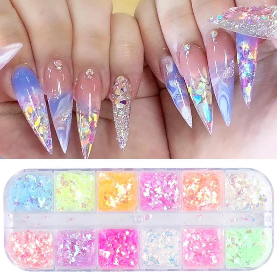 

3D Fluorescent Nail Glitter Flakes Set Holographic Powder Sequins Paillette Manicure Nail Art Pigment Decoration Tools GLSP