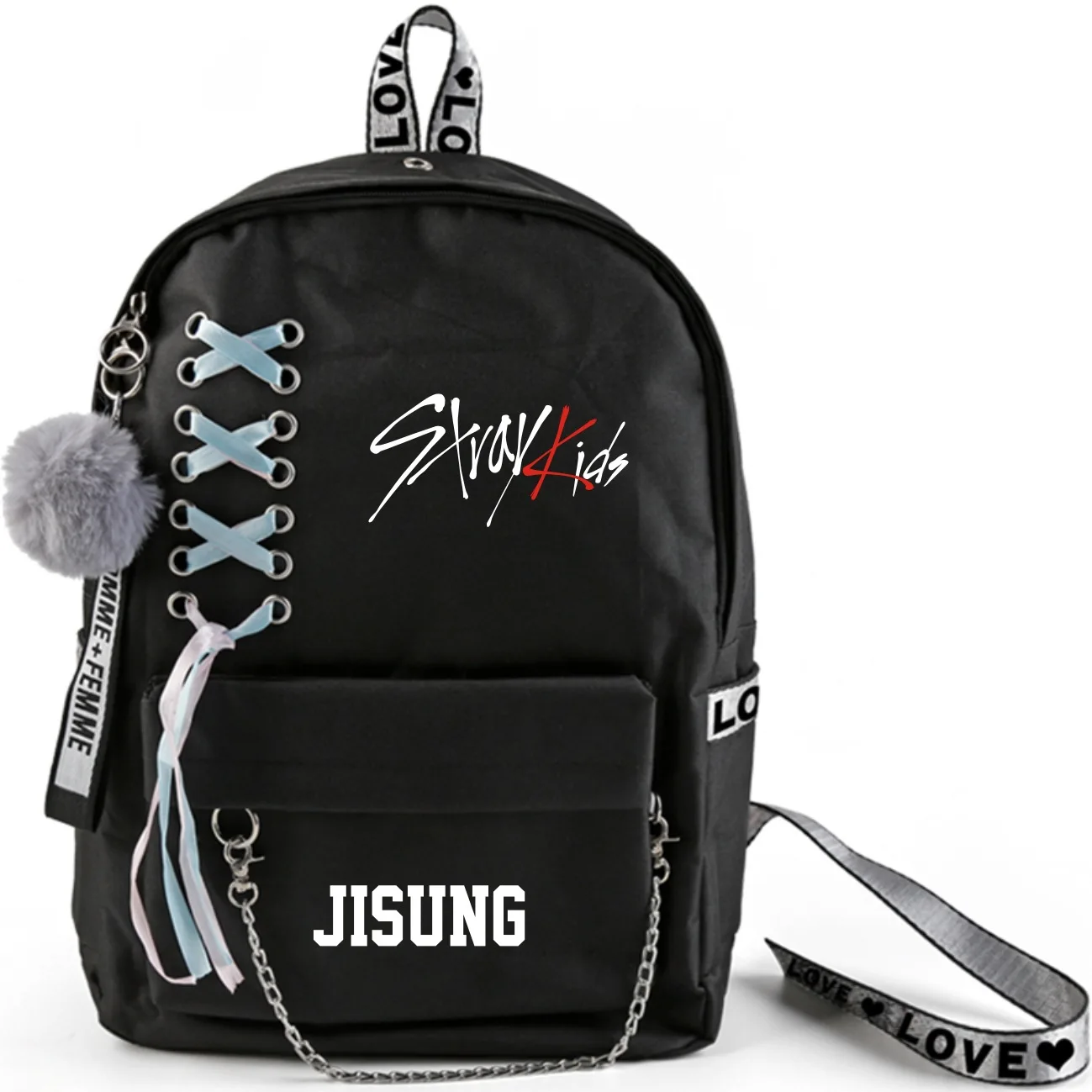 JISUNG Kpop Stray Kids рюкзак большой емкости школьные сумки с перекрещивающимися лентами плюшевый шар подвеска страй Детская сумка вентиляторы коллекция - Цвет: JISUNG