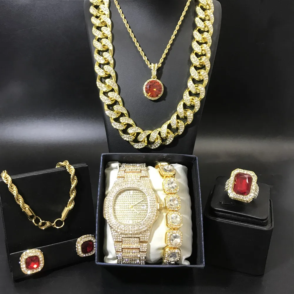 

Luxury Men Gold Watch & Necklace & Braclete&Ring&Earrings Combo Set Ice Out Cuban Jewerly Crystal Miami Necklace Hip Hop For Men