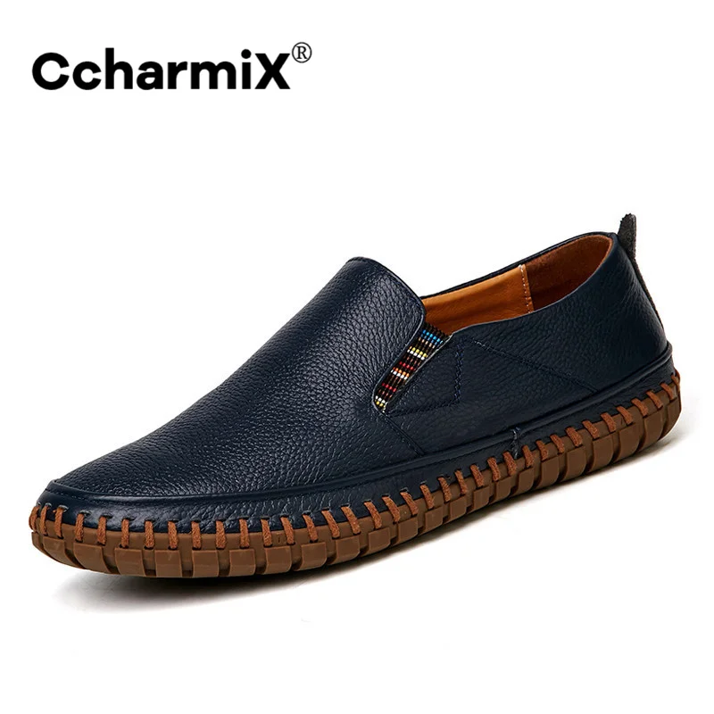 CcharmiX Men Genuine Leather Shoes Slip On Black Shoes Real Leather Loafers Mens Moccasins Shoes Italian Designer Shoes Big Size