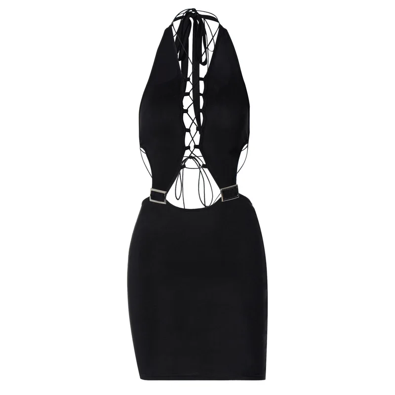 

Europe and the United States 2021 spring and summer new sexy hollow out dress with neck tie and backless temperament skirt