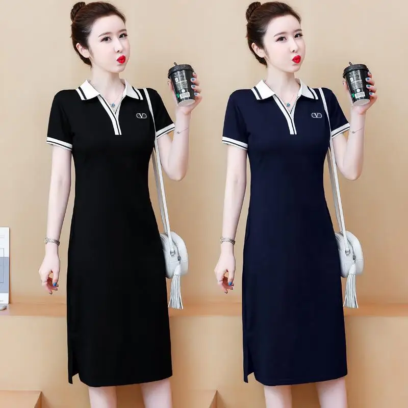 

2021 summer new dress polo collar women's cotton short sleeve loose slim dress long knee-high