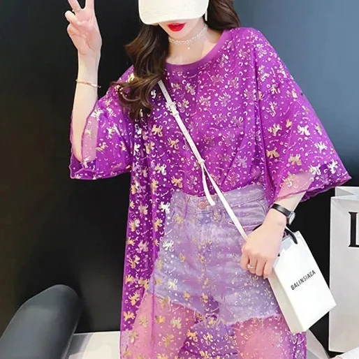 

Mesh stitching T-shirt women's short sleeve 2021 summer dress new long loose fake two-piece clothes women plus size