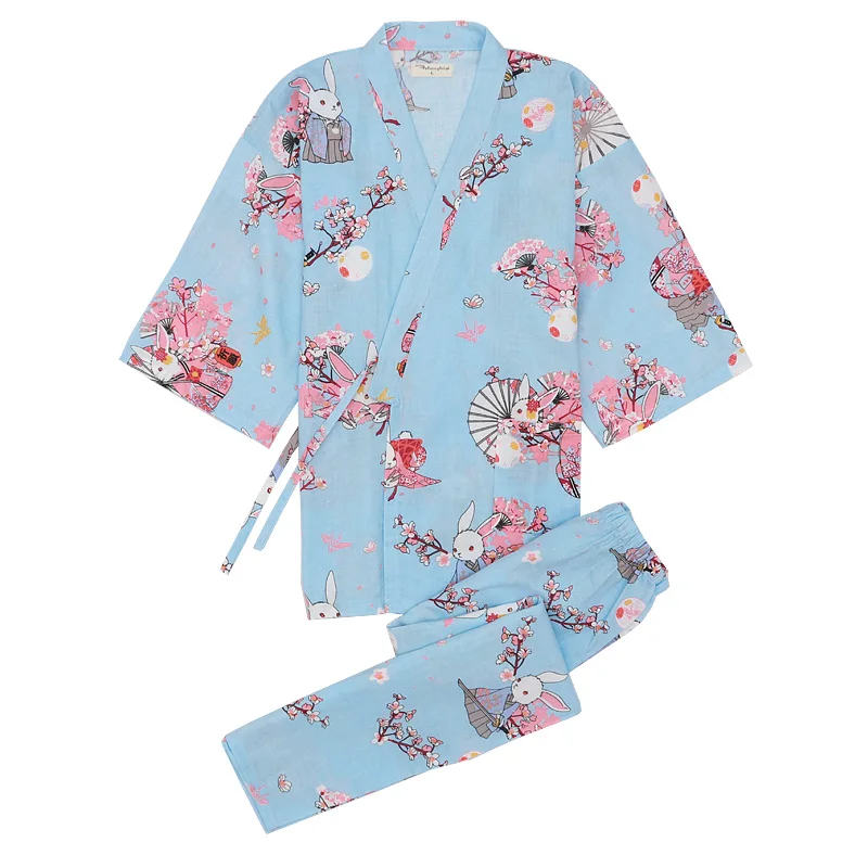 Японской традиции Стиль с милым принтом из хлопка и льна пижамные брюки для