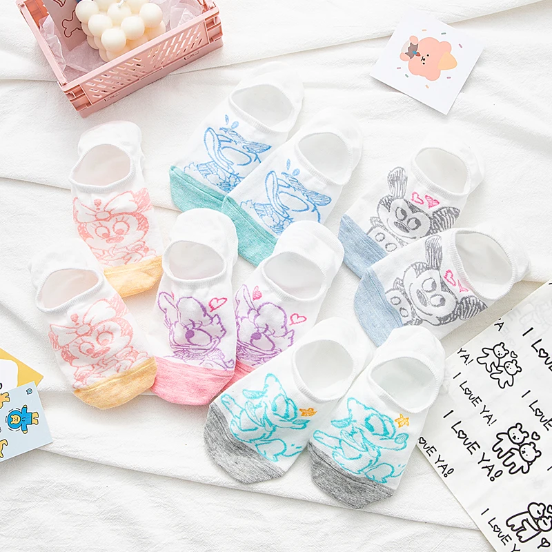 5 pairs=10 pieces women socks Sketch Cute Cartoon Animal short sock Non slip silicone Invisible socks Girl Ankle sock Size 35-40