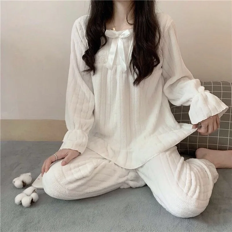 QWEEK Autumn Clothes Women Winter Pajamas Coral Fleece Solid Color Pijamas Ruffles Bow Sleepwear Flared Sleeves Pyjamas Room Set